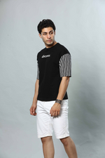 Black Hand Strpied Round Neck Oversized Drop Shoulder T-Shirt