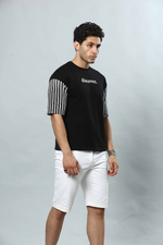 Black Hand Strpied Round Neck Oversized Drop Shoulder T-Shirt
