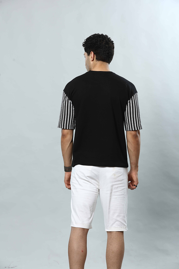 Black Hand Strpied Round Neck Oversized Drop Shoulder T-Shirt