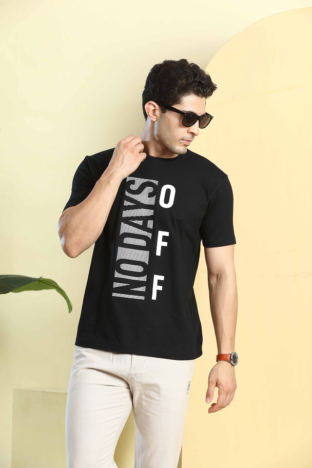 Black Graphic Print Round Neck Stretchable T-Shirt
