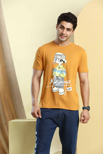 Mustard Yellow Graphic Print Round Neck Printed Stretchable T-Shirt