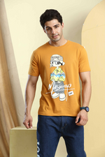 Mustard Yellow Graphic Print Round Neck Printed Stretchable T-Shirt