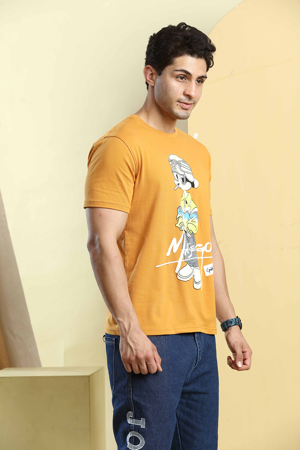 Mustard Yellow Graphic Print Round Neck Printed Stretchable T-Shirt