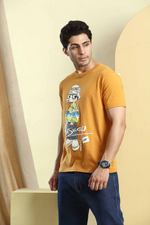Mustard Yellow Graphic Print Round Neck Printed Stretchable T-Shirt