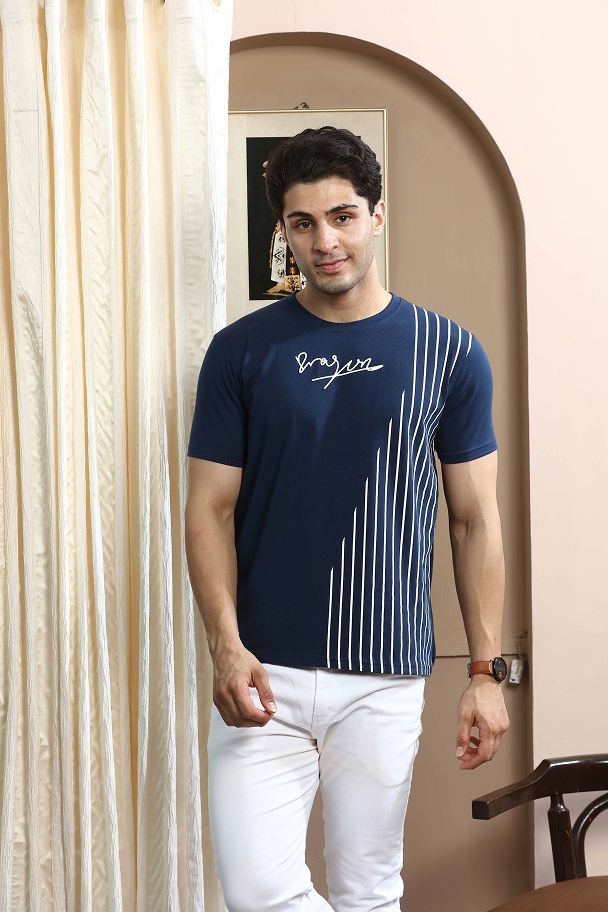 Navy Blue Graphic Print Round Neck Stretchable T-Shirt