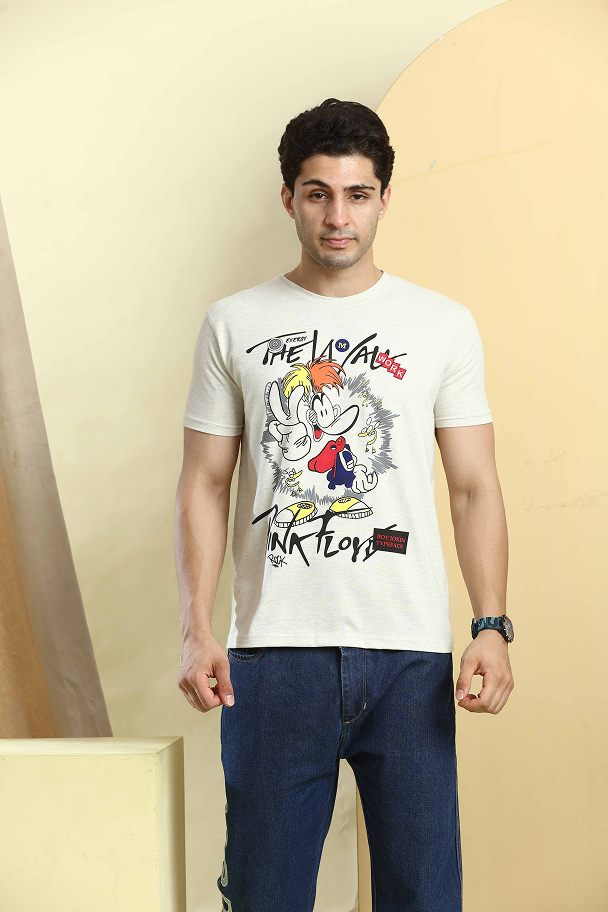 Light Beige Graphic Print Round Neck Stretchable T-Shirt