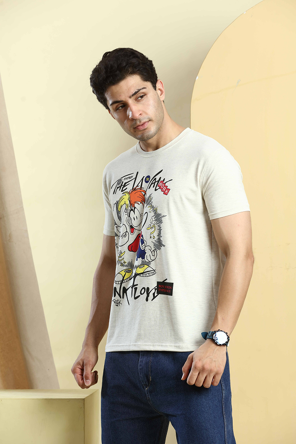Light Beige Graphic Print Round Neck Stretchable T-Shirt