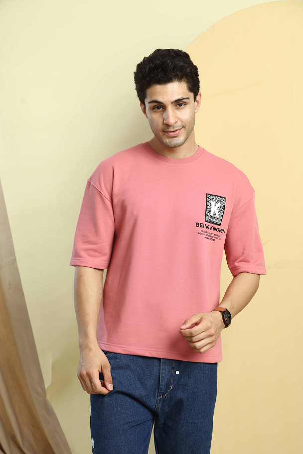 Dusty Pink Graphic Print Round Neck Oversized Drop Shoulder T-Shirt