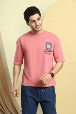 Dusty Pink Graphic Print Round Neck Oversized Drop Shoulder T-Shirt