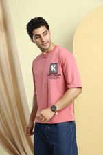 Dusty Pink Graphic Print Round Neck Oversized Drop Shoulder T-Shirt