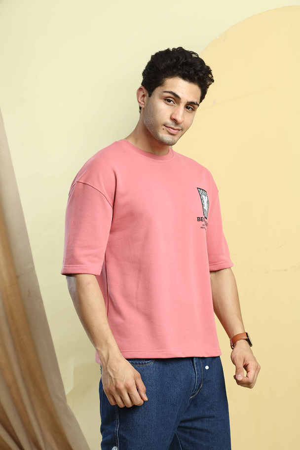 Dusty Pink Graphic Print Round Neck Oversized Drop Shoulder T-Shirt