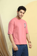 Dusty Pink Graphic Print Round Neck Oversized Drop Shoulder T-Shirt