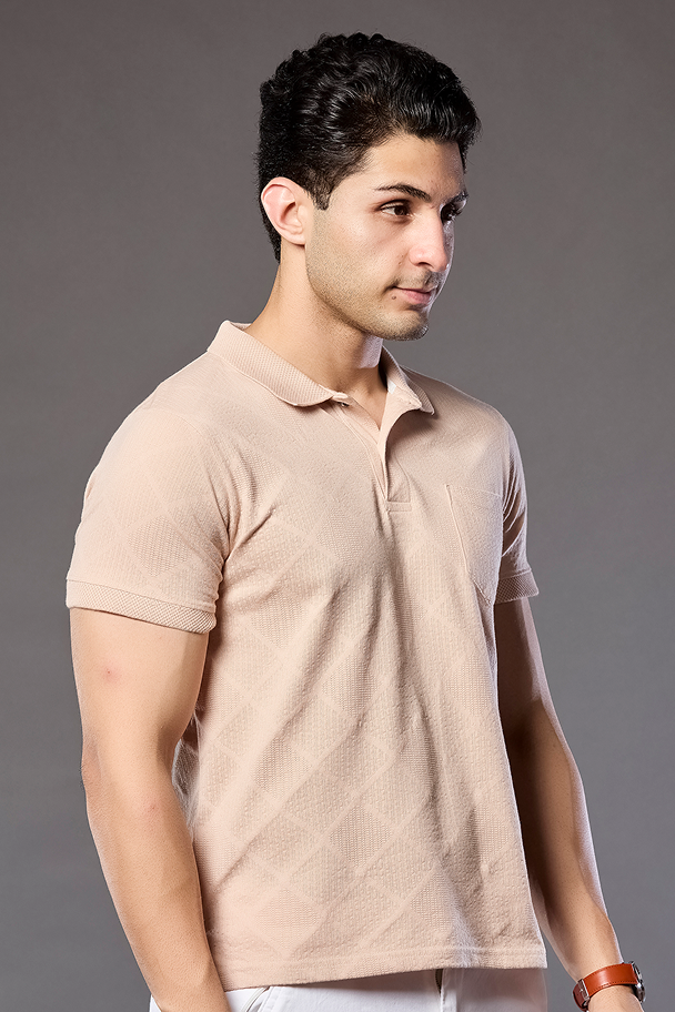 Dark Beige Print Polo Neck T-Shirt