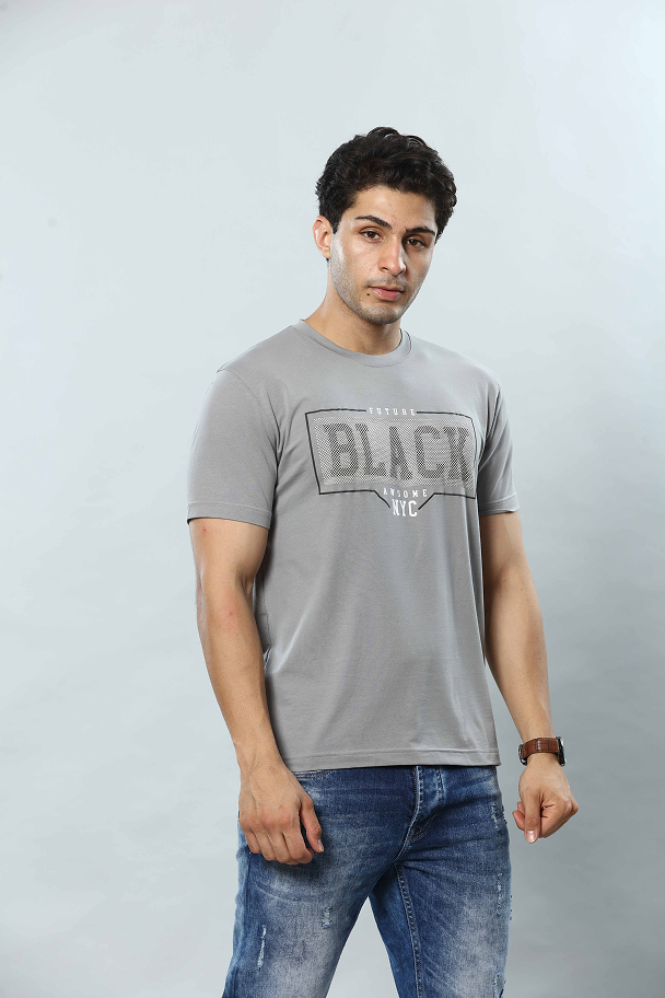 Light Grey Graphic Print Round Neck Stretchable T-Shirt