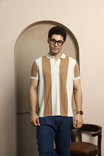 Beige and Camel Brown Striped Polo T-Shirt