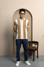 Beige and Camel Brown Striped Polo T-Shirt