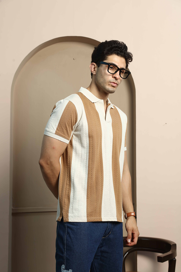 Beige and Camel Brown Striped Polo T-Shirt