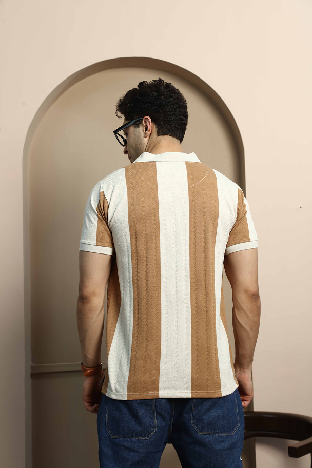 Beige and Camel Brown Striped Polo T-Shirt