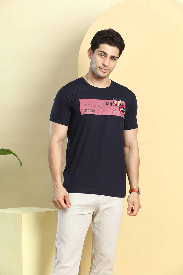 Navy Blue Graphic Print Round Neck Stretchable T-Shirt
