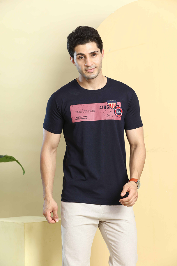 Navy Blue Graphic Print Round Neck Stretchable T-Shirt