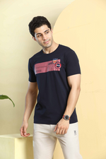 Navy Blue Graphic Print Round Neck Stretchable T-Shirt