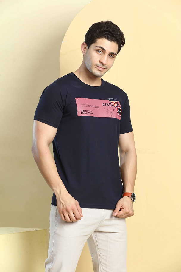 Navy Blue Graphic Print Round Neck Stretchable T-Shirt