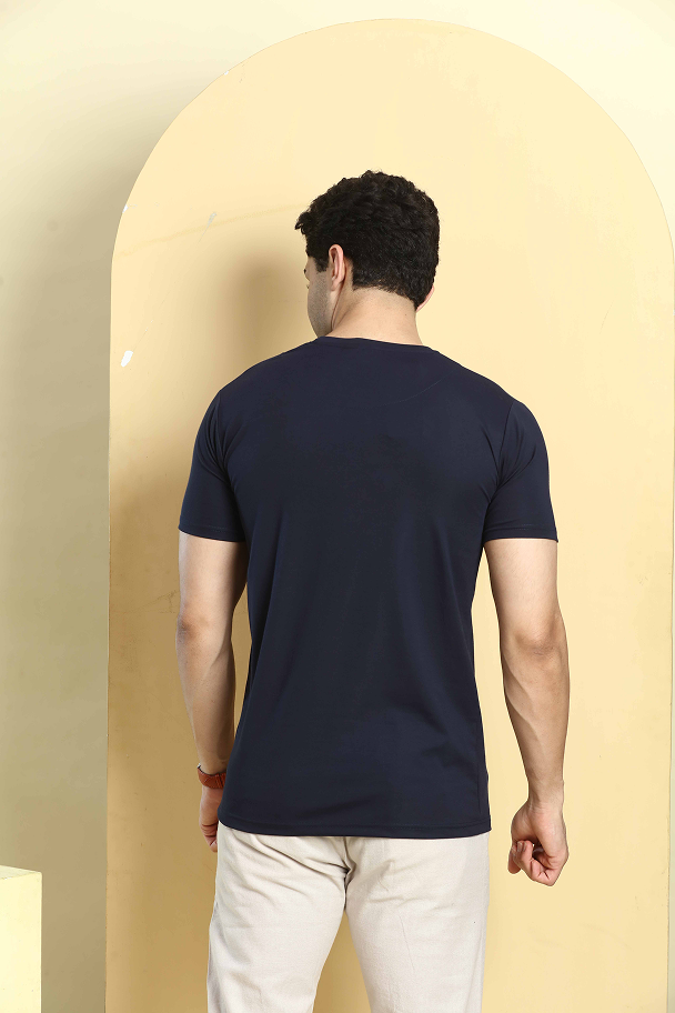 Navy Blue Graphic Print Round Neck Stretchable T-Shirt