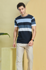 Multi Shade Blue Striped Round Neck T-Shirt