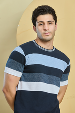 Multi Shade Blue Striped Round Neck T-Shirt