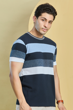Multi Shade Blue Striped Round Neck T-Shirt