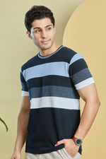 Multi Shade Blue Striped Round Neck T-Shirt