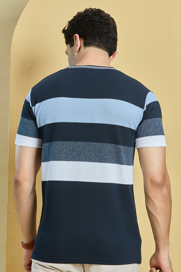 Multi Shade Blue Striped Round Neck T-Shirt