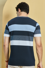 Multi Shade Blue Striped Round Neck T-Shirt
