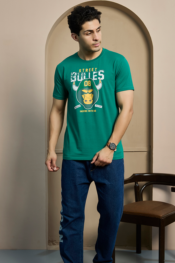 Green Graphic Print Round Neck Stretchable T-Shirt