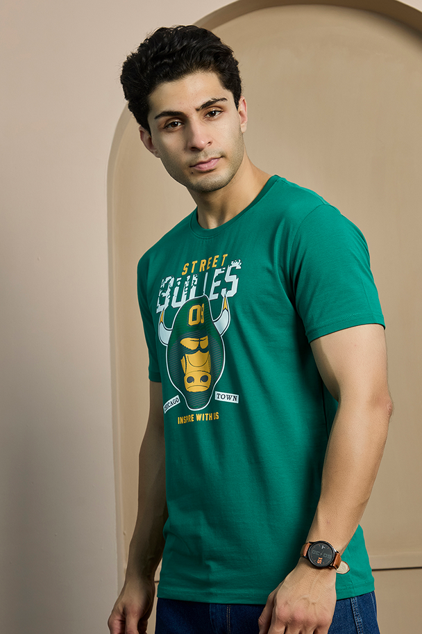 Green Graphic Print Round Neck Stretchable T-Shirt