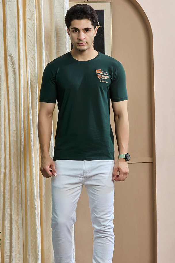 Dark Green Print Round Neck Stretchable T-Shirt