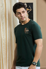 Dark Green Print Round Neck Stretchable T-Shirt