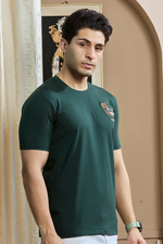 Dark Green Print Round Neck Stretchable T-Shirt