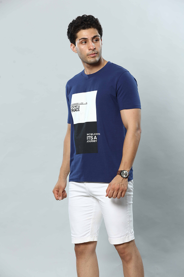 Navy Blue Graphic Print Round Neck Stretchable T-Shirt