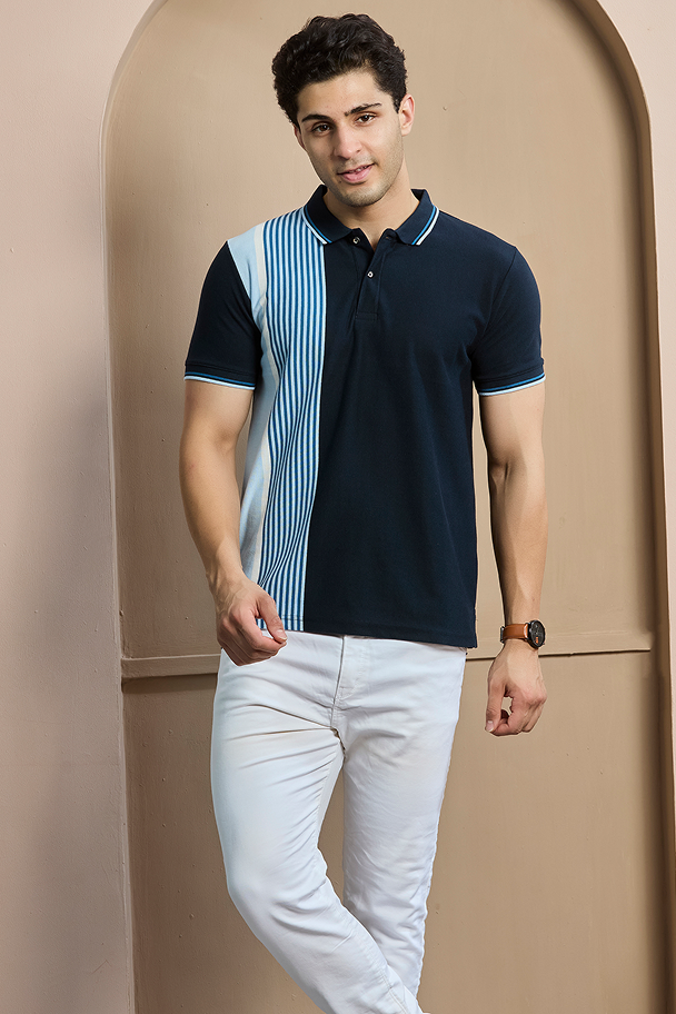 Mixed Blue Striped Polo Neck T-Shirt