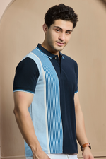 Mixed Blue Striped Polo Neck T-Shirt