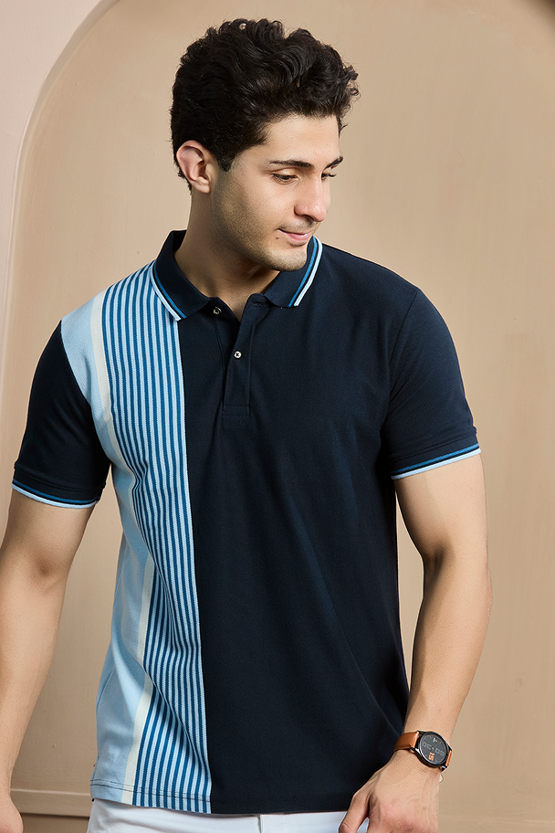 Mixed Blue Striped Polo Neck T-Shirt