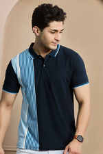 Mixed Blue Striped Polo Neck T-Shirt