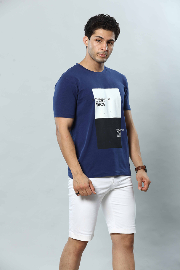 Navy Blue Graphic Print Round Neck Stretchable T-Shirt