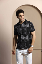 Black Graphic Print Polo Neck T-Shirt