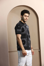 Black Graphic Print Polo Neck T-Shirt