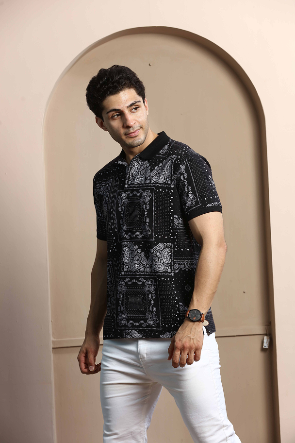 Black Graphic Print Polo Neck T-Shirt