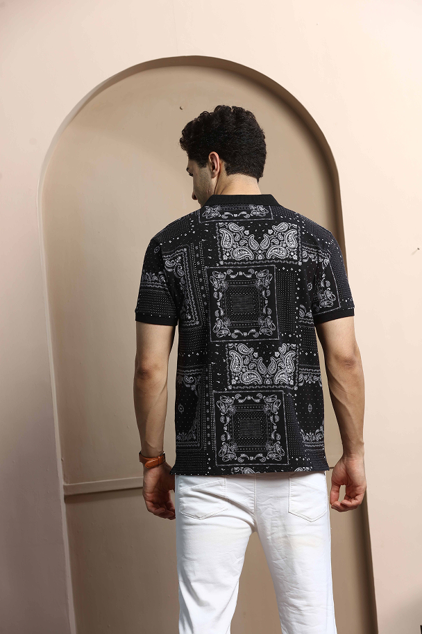 Black Graphic Print Polo Neck T-Shirt