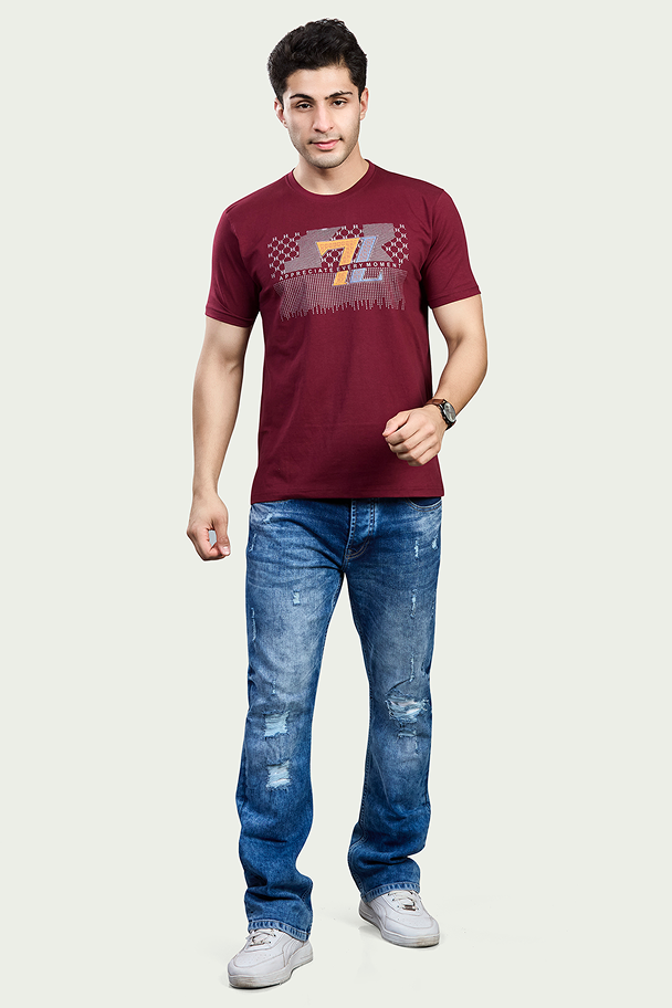 Maroon Graphic Print Round Neck Stretchable T-Shirt