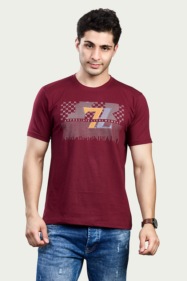 Maroon Graphic Print Round Neck Stretchable T-Shirt